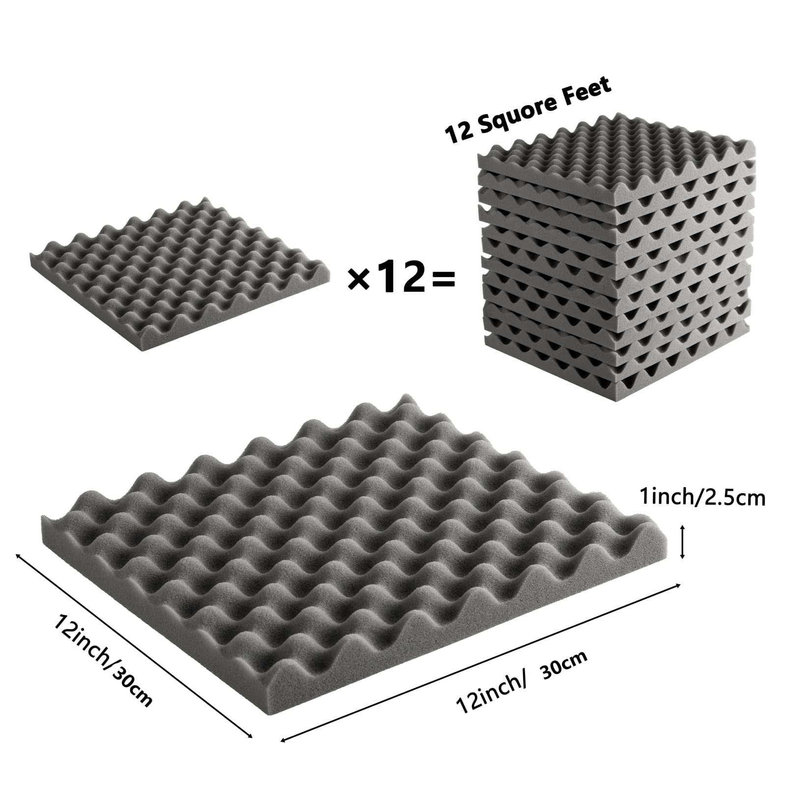 Sound Proof Foam Panels for Walls: 12 pcs Acoustic Foam Panels with Double Side Adhesive Sticker for Studio Recording Office Bed